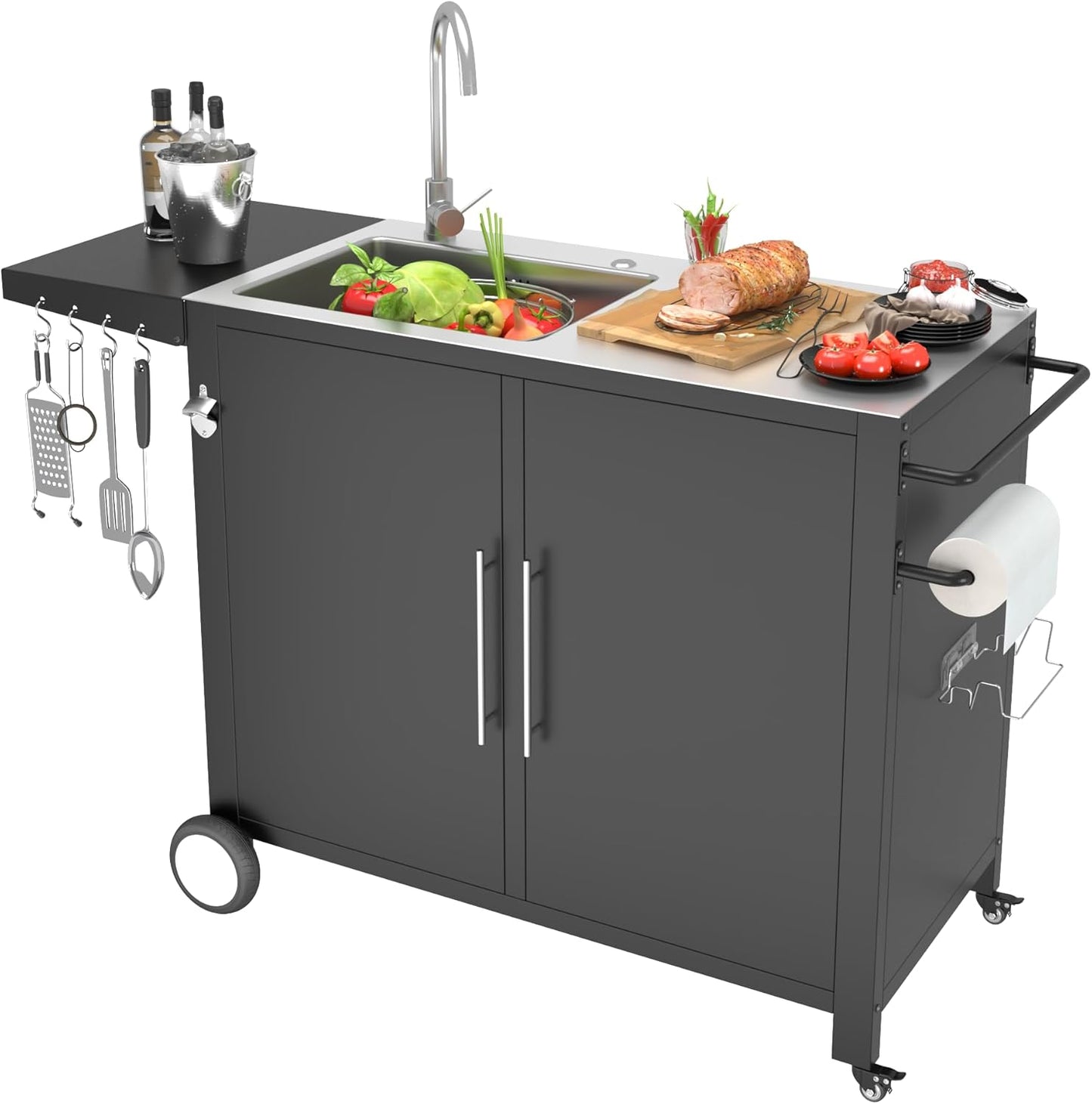Outdoor Kitchen Sink with Hose Hook up, Stainless Steel Worktable Kitchen Cabinet Island, Grill Prep Table Work Station, Grill Cart for Garden, Backyard and Lawn