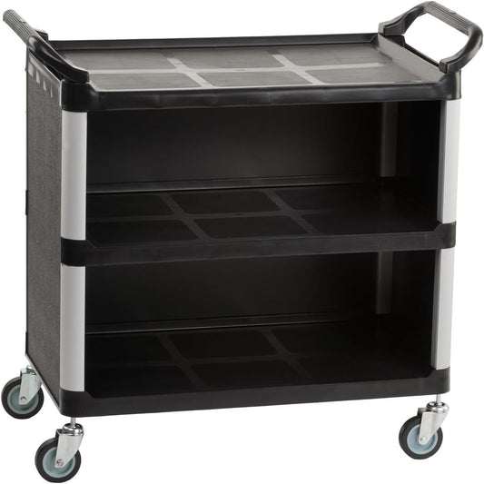 3-Shelf Utility Cart with Swivel Wheels, Enclosed Design with 2 Side Handles, Plastic and Aluminum (Black)