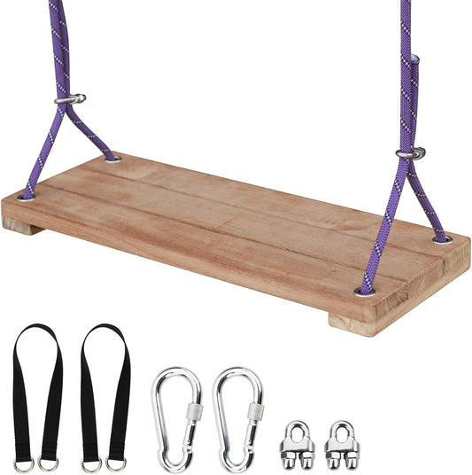 Teak Wood Swing 18.6"x7.6" - Outdoor Wooden Tree Swing Seat for Adults & Kids, Backyard Wood Swings with Height Adjustable Design