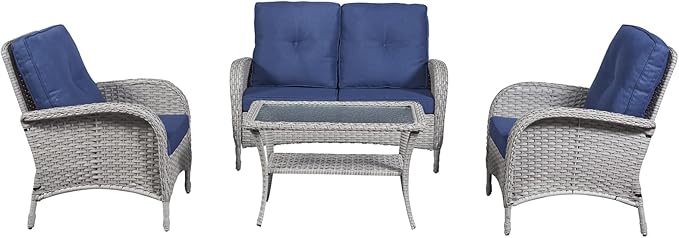 HUMMUH 4-Piece Patio Furniture Wicker Outdoor Conversation Set,All-Weather Rattan Outdoor Bistro Set with Loveseat Chairs Coffee Table for Backyard,Poolside,Deck