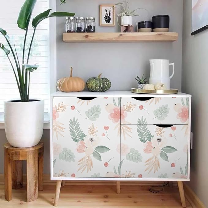 Neutral Green Leaves Pink Poppy Floral Peel and Stick Wallpaper Self Adhesive Removable Easy Peel Off Stick on Wall Paper for Bedroom Cabinet Renter