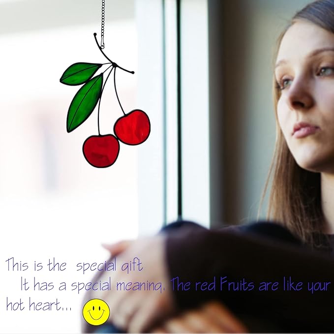 Stained Glass red Cherry Window Hanging Sun Catcher Christmas Thanksgiving Gifts Birthday Gifts for Lover and Friends