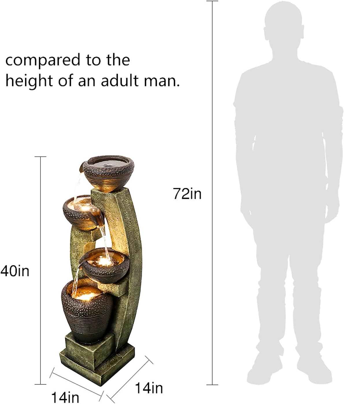 Naturefalls 40” H Modern Outdoor Fountain - 4 Crocks Outdoor Garden Fountains with Contemporary Design&LED Light for Garden, Patio, Deck, Porch, Backyard and Home Art Decor (40in, Light Gray)