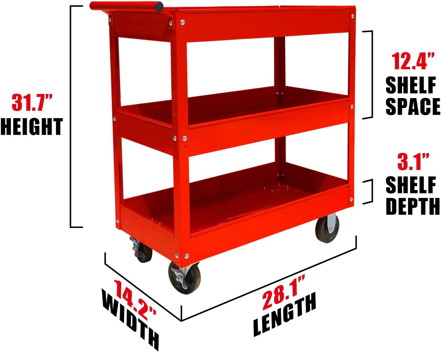 Torin APTC302B Steel Tool Service Push Cart with 3 Shelves and 200 lb Capacity, Red