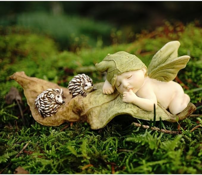 Top Collection Miniature Fairy Garden and Terrarium Statue, Sleeping Fairy Baby with Hedgehogs