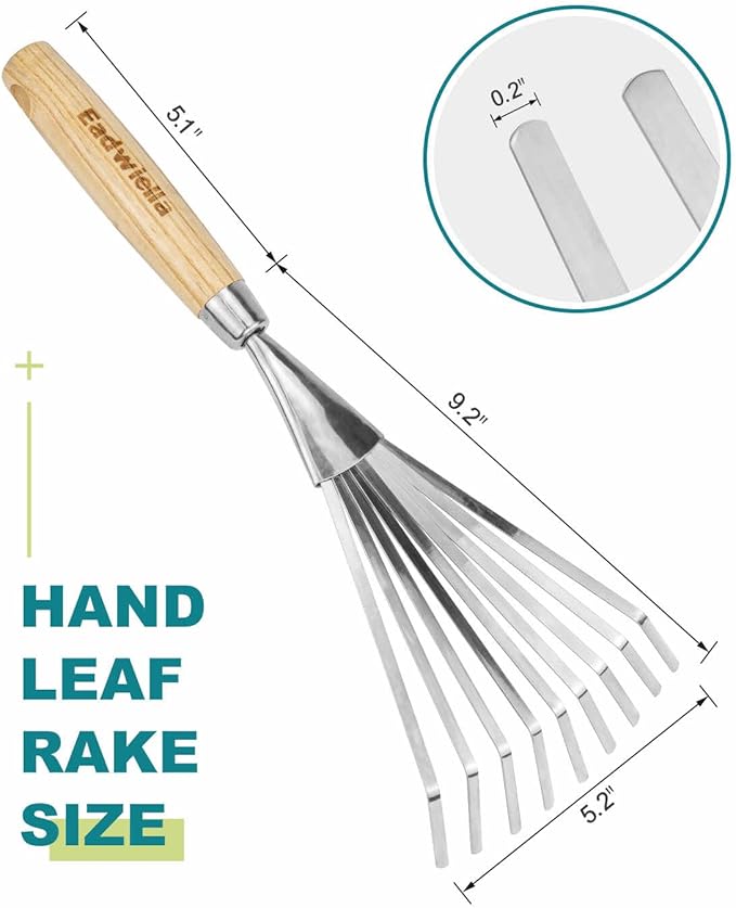 Hand Cultivator with 9-Teeth Rake - 14.4 Inch for Garden Bed Cultivating Soil, Weeding, Raking Leaves, Levelling Gravel - Solid Wood Handle