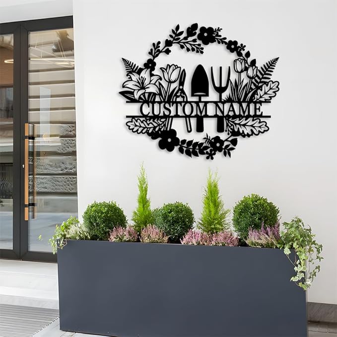 Custom Garden Metal Name Sign,Personalized Garden Tools with Flowers wall art,Gift For Gardener,Outdoor Yard Greenhouse decor style-21