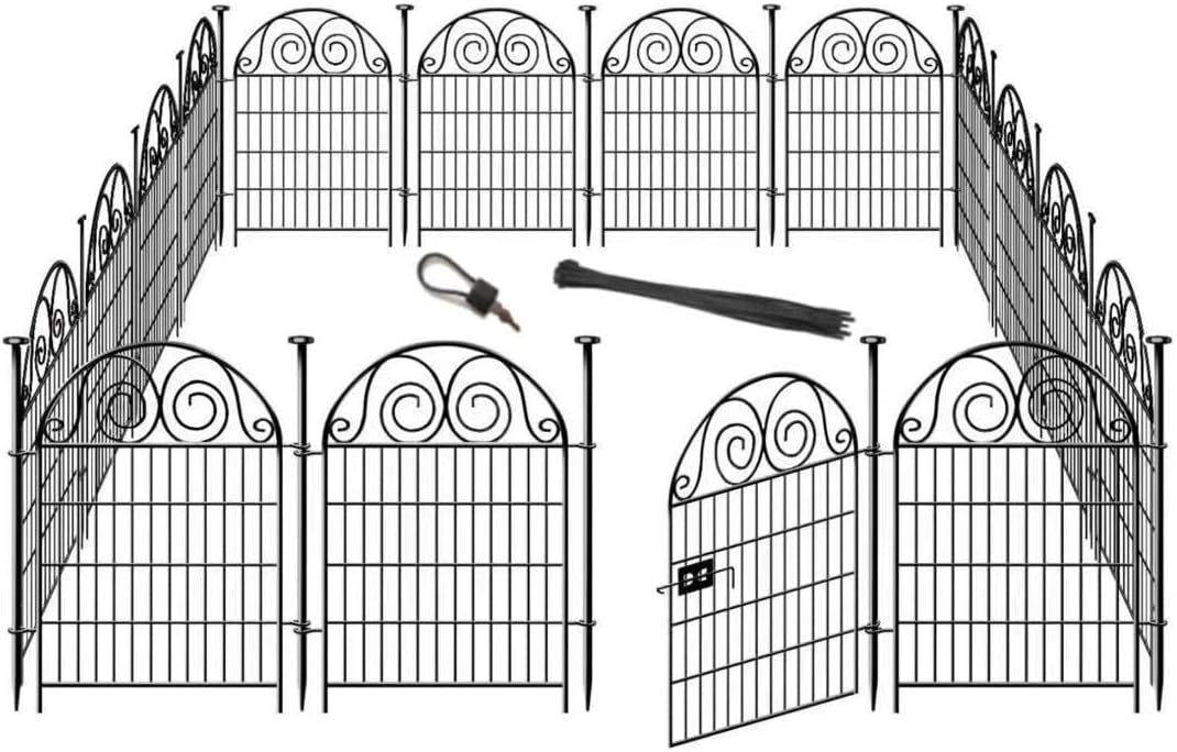 Tall Garden Animal Barrier Fencing with Gate, 32 in(H)×27 in(L) 16 Panels Dog Digging Fence Barrier, Black Metal Temporary Fence, Reusable Defense Fences for Outdoor Yard. Total 35 Ft│Patented