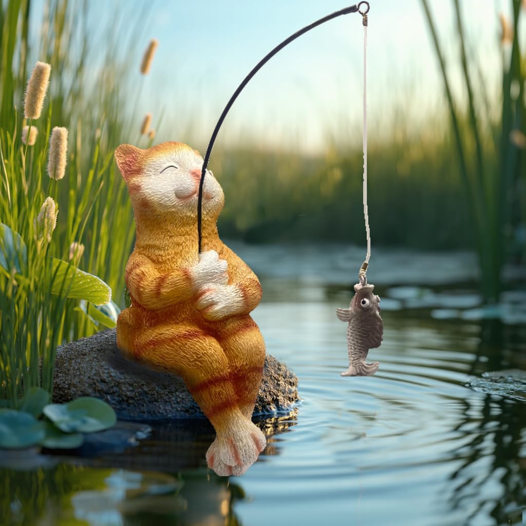 Cat Fishing Statue Garden Decor – 9.8" Weatherproof Resin Cat Fishing Sculpture Decor for Fish Ponds, Koi Ponds, Waterfalls, Poolside & Outdoor Gardens– Resin Figurine for Indoor & Outdoor Décor