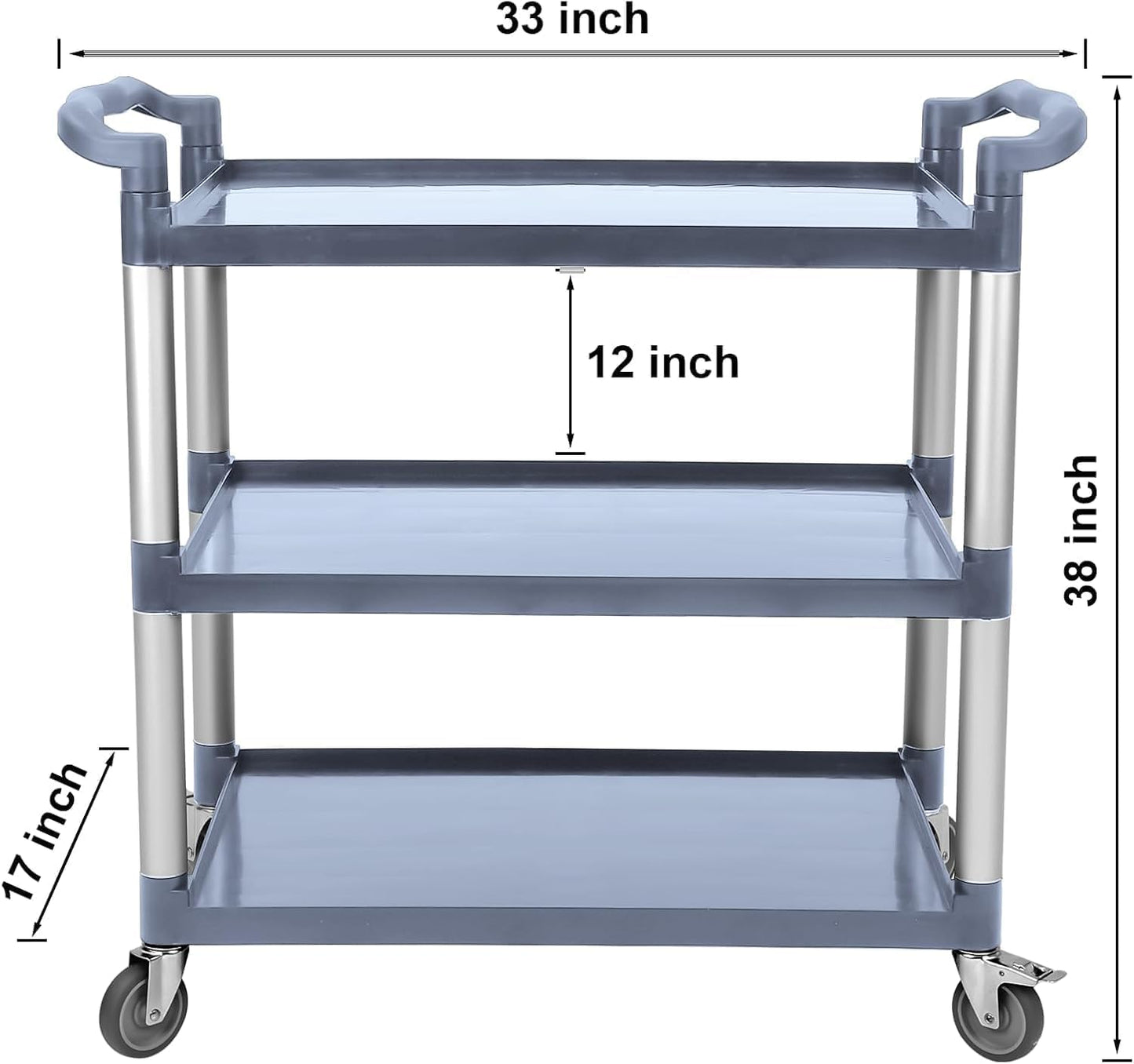 3-Tier Rolling Utility Cart with Wheels – Heavy Duty Plastic 3-Shelf Push Cart for Commercial, Restaurant, Foodservice, Office & Kitchen | Grey Service Cart