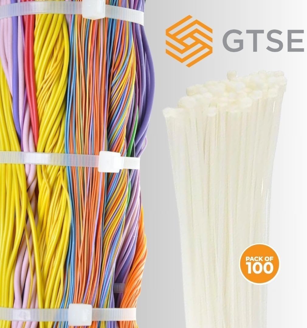 GTSE 8 Inch White/Clear Zip Ties, 100 Pack, 18lb Strength, UV Resistant Strong Nylon Cable Ties, Self-Locking 8" Tie Wraps