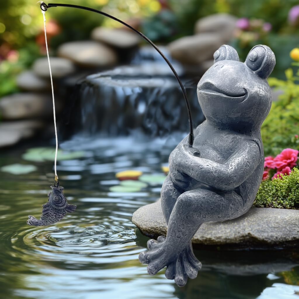 Frog Fishing Statue Garden Decor – 9.8" Weatherproof Resin Frog Fishing Sculpture Decor for Fish Ponds, Koi Ponds, Waterfalls, Poolside & Outdoor Gardens– Resin Figurine for Indoor & Outdoor Décor