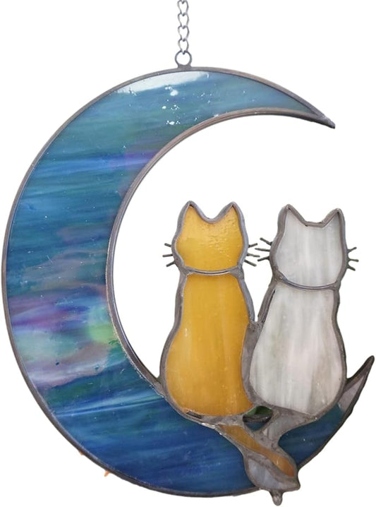 Cat Stained Glass Suncatcher – Cat on Moon Real Glass Window Hanging – Unique Modern Design Wall Art for Home or Garden Décor – Perfect Cat Lover Gift