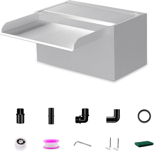 Waterfall Pool Fountain LONGRUNNEW 304 Stainless Steel 9.06" Rectangular Waterfall Spillway, Water Fall Fountain with Pipe Connector for Garden Outdoor, Swimming Pools, Fountains, Pond and Spa