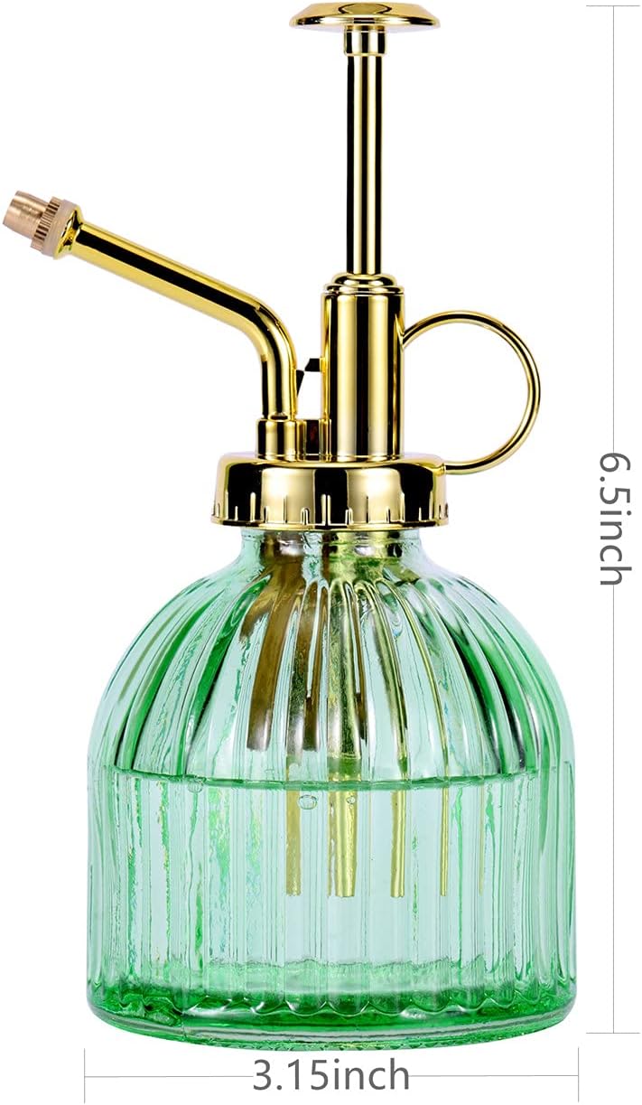 Glass Plant Mister Spray Bottle, 6.5" Green Glass Water Spray Bottle with Gold Top Pump Small Watering Can, Small Plant Sprayer Mister for Indoor Outdoor House (Green+Gold A)