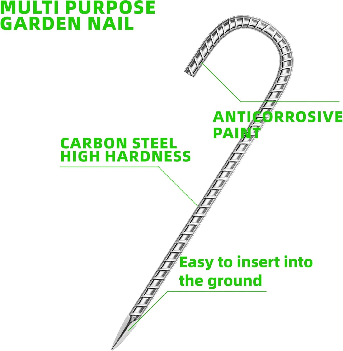 60 Pack Ground Garden Rebar Stakes Rebar 12 Inch Anti-Rust Galvanized Steel J Shape Hook Heavy Duty Ground Anchors for Tents, Position Kits,Fences, and Trampolines Landscape Fabric