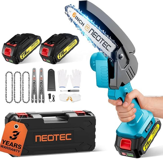 Mini Chainsaw Cordless 6-inch, NEOTEC Handheld Electric Chainsaw 4000mAh Battery Powered with Dual Security Lock, Mini Chain Saw for Tree Trimming Wood Cutting (2 Batteries+3 Chains+2 Bars)