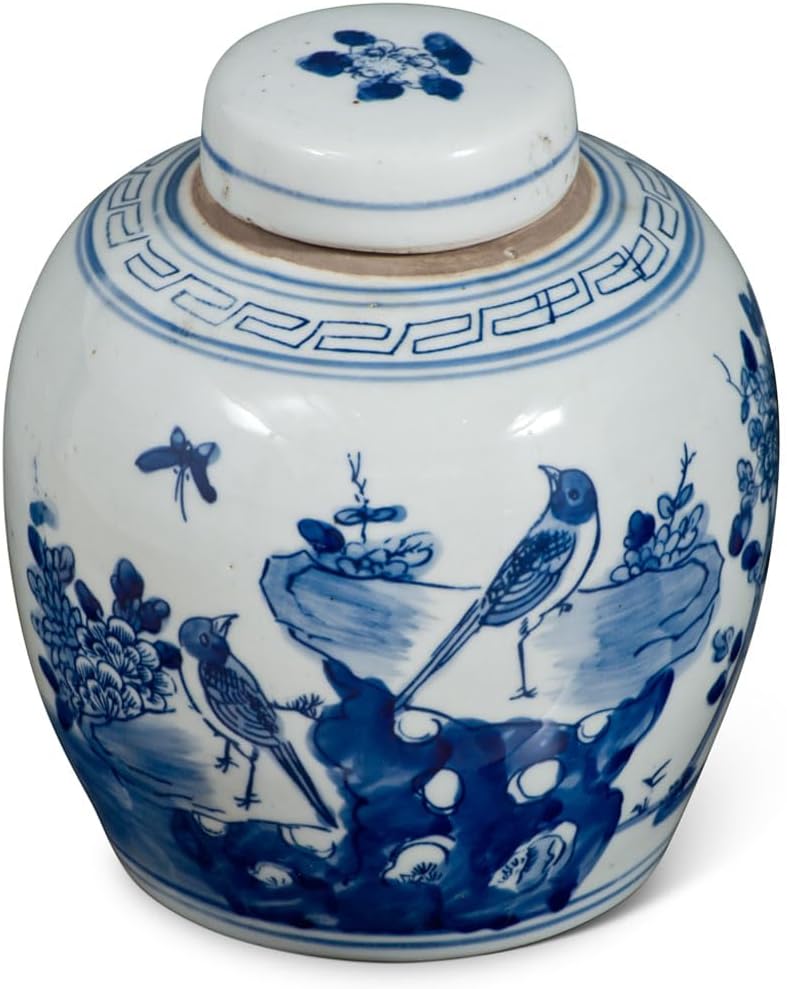 Blue and White Porcelain Bird Flower Motif Chinese Jar