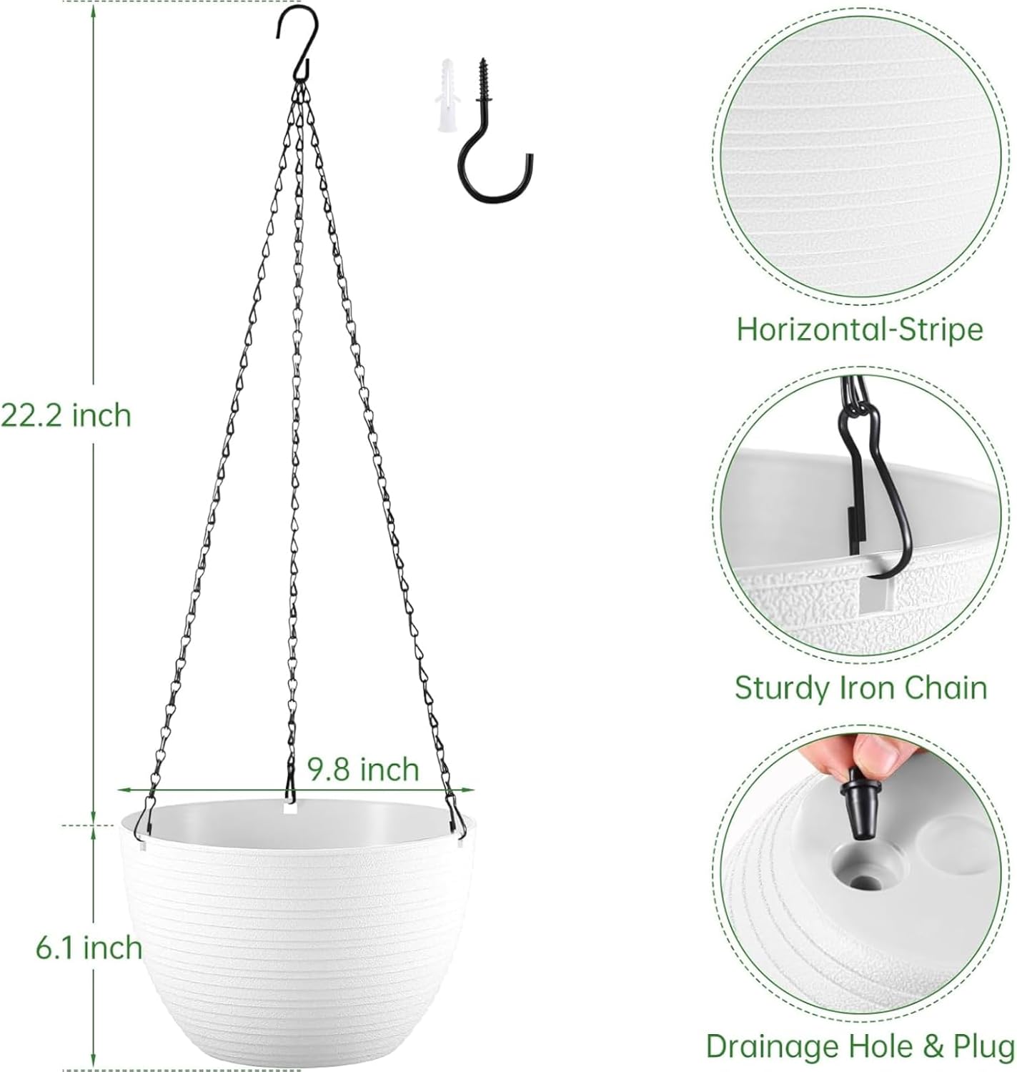 Hanging Planters for Indoor Outdoor Plants, Set of 2 Self Watering Hanging Pots with Drainage Hole & Plug and 20" Chain & Hooks