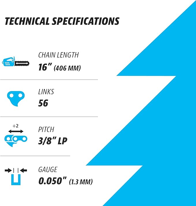 16 Inch Chainsaw Chain 3/8" LP Pitch, 050" Gauge, 56 Drive Links, German Steel, fits Husqvarna, Greenworks, Craftsman, Poulan, Homelite, Makita, Jonsered, Echo and more