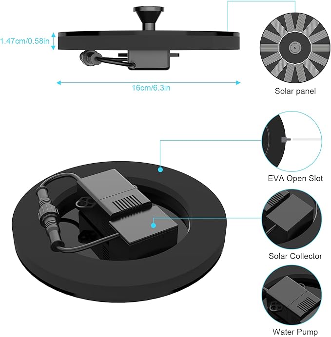 Solar Fountain Pump for Bird Bath, 1.4W Water Fountain with 6 Nozzles Solar Powered Fountain Pump for Bird Bath, Garden, Pond, Pool, Outdoor