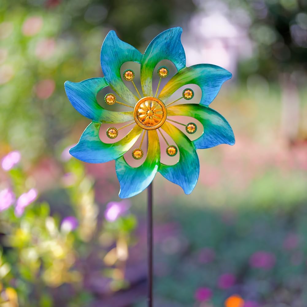 DREAMYSOUL Metal Garden Pinwheels, 9.6" Dia*40" H Kinetic Wind Spinners, Outdoor Spinners for Yard and Garden Art Lawn Decor (Cyan)