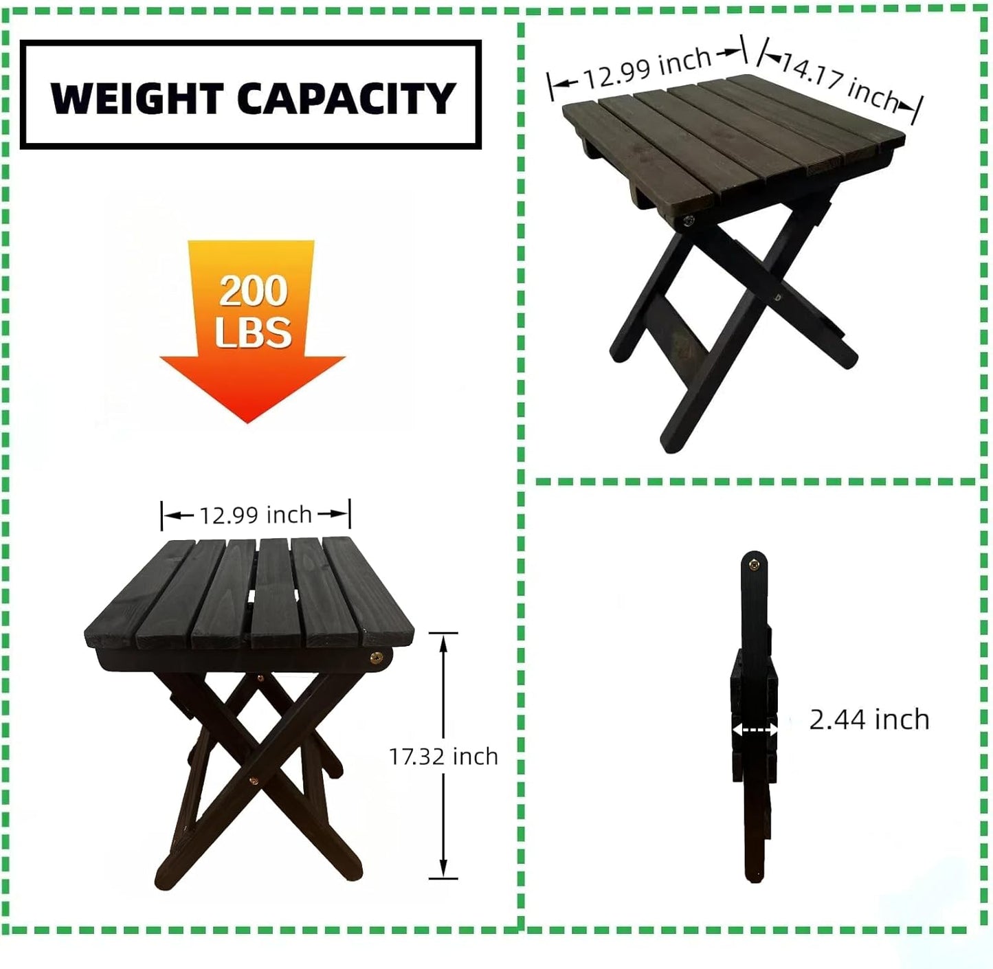 Outdoor Side Table, No Assembly Folding Wooden End Table for Outside or Indoor, Small Patio Tables for Camping, Pool, Bathroom, Backyard and Porch (Black)