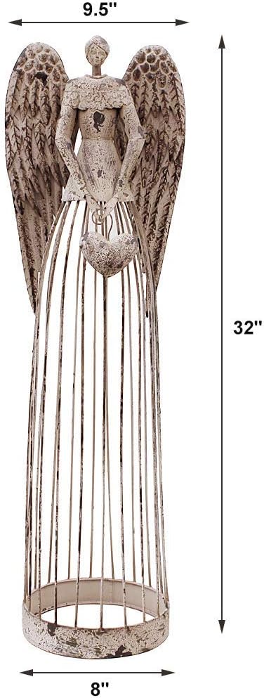 Morning View Metal Angel Statue Decor for Garden Yard Art Outdoor Standing Large Angel Decorations with Heart Antique Patio Patio Lawn Holiday Christmas 32 Inches Tall
