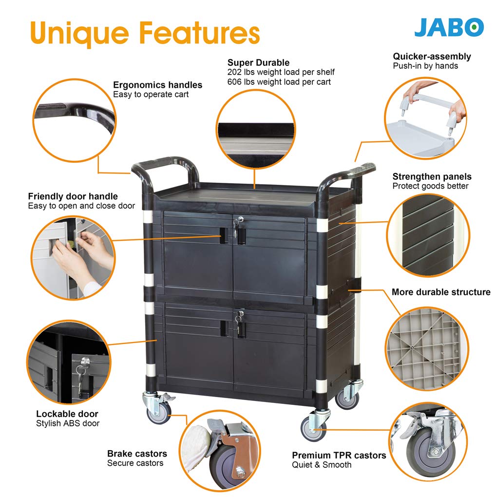 JaboEquip Double Lockable Door Medical Cart [ JaboEquip ] Cabinet Utility Cart with 2 Lockable Doors for Hospitality School Lab cart Service Cart, L34.43xD19.69 inch JABO cart, Black