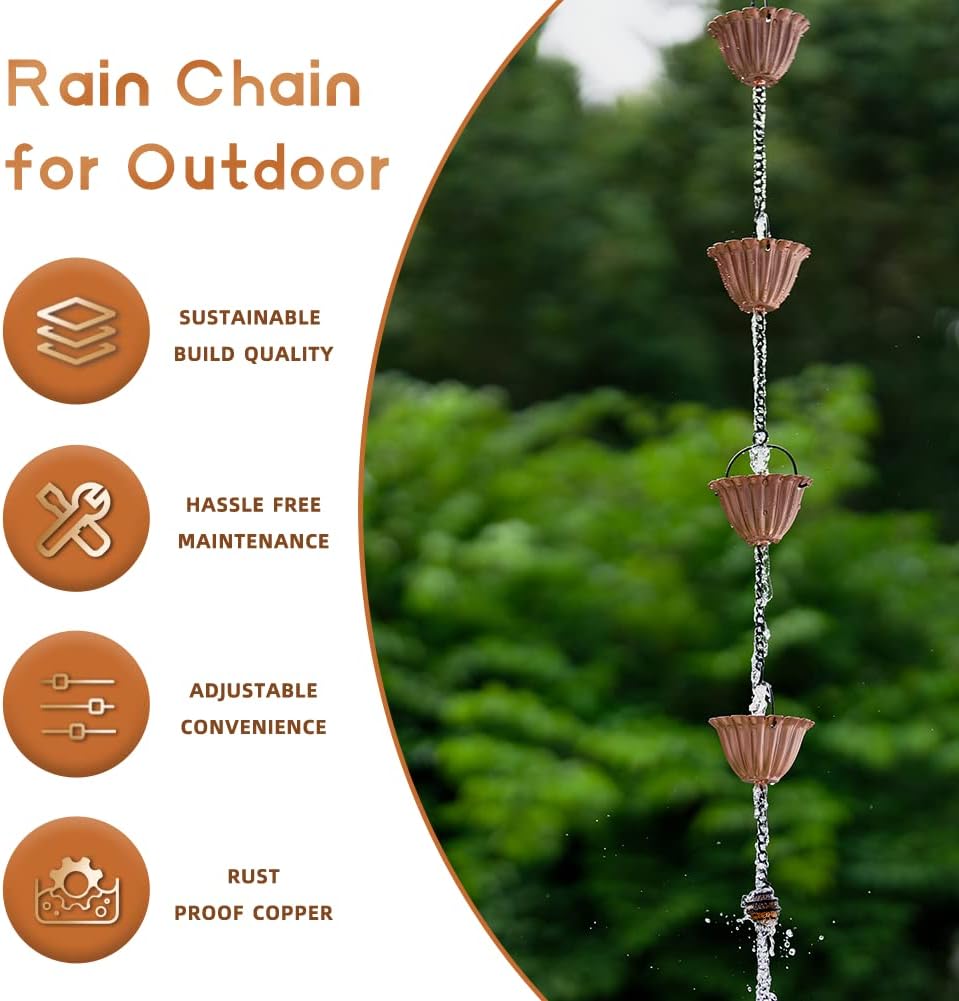9 Ft Rain Chain, Thick Metal Rain Gutter Chains with 12 Gold Flower Cups, Adjustable Rain Catcher Chain for Eaves Drainage, Replacement for Downspout, Outdoor Decor