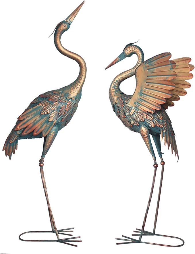 33-37 Inch Metal Crane Garden Statue Décor, Bird Heron Garden Sculpture & Statues, Outdoor Decoration for Yard Pond Lawn Backyard Pool, Vintage Spread Wings Crane, Set of 2 Copper…