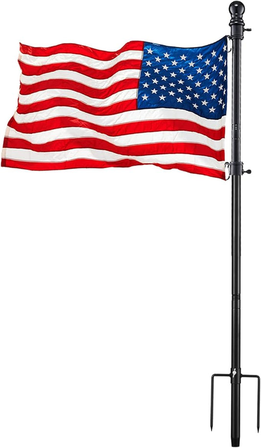 Black Flag Poles for Outside House inground - 8.5FT Metal Outdoor Yard House in Ground Flag Pole Holder for Porch with 2 Pronges Base - 3x5FT American Flag with Pole for House