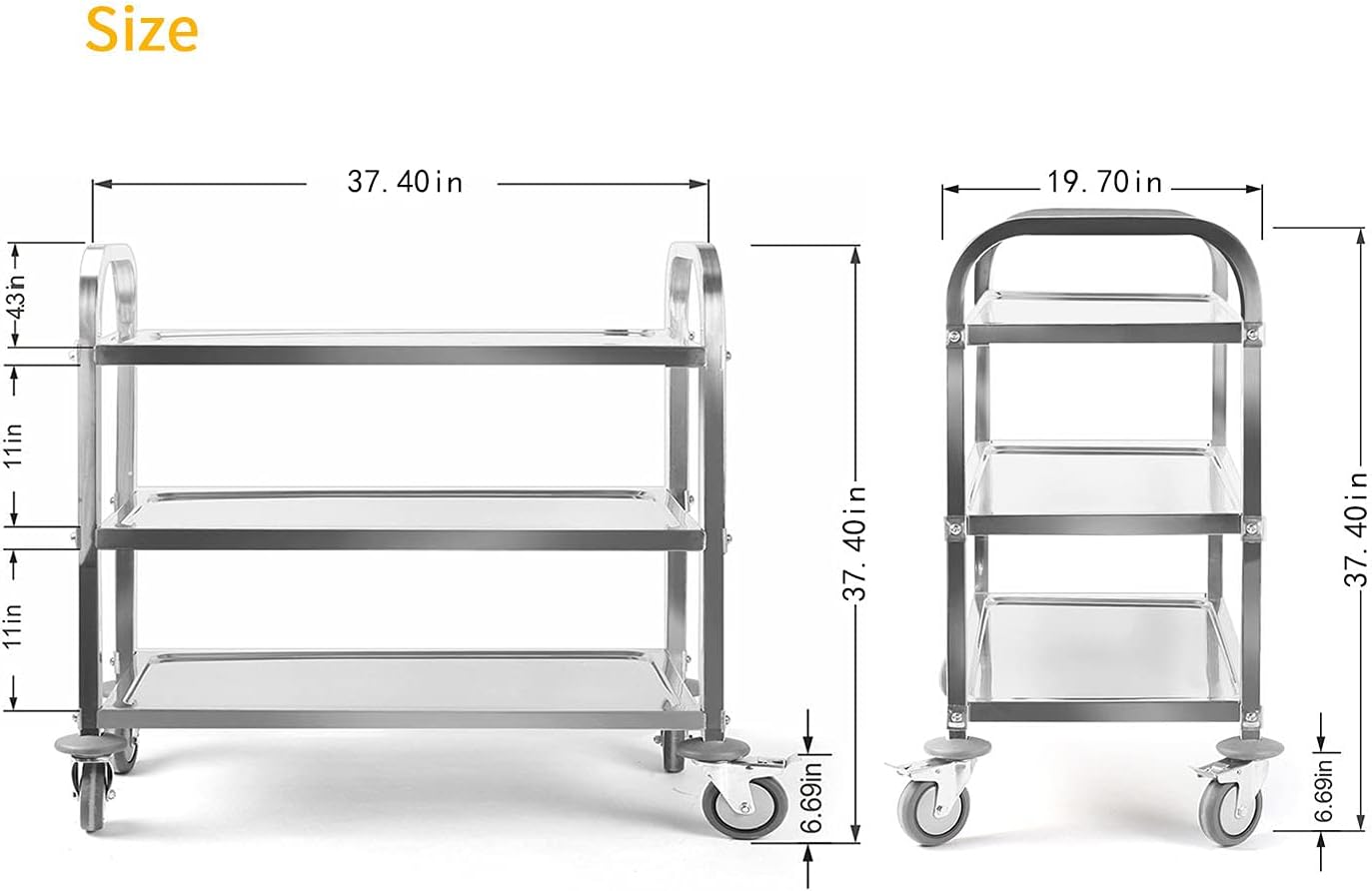 tonchean Extra Large 3 Tier Stainless Steel Cart 37.4 x 19.7 x 37.4 Inch Kitchen Trolley Cart Serving Cart Kitchen Utility Rolling Cart Service Catering Storage Cart with Locking Wheels