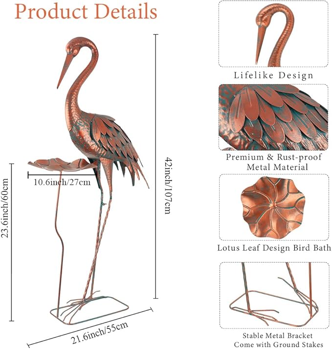 Crane Garden Statue, 42'' Heron Outdoor Statue with Birdbath, Large Crane Bird Metal Yard Art for Lawn Porch Backyard Patio Decor (Brown)