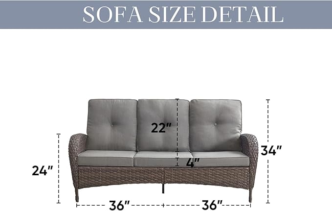 HUMMUH Outdoor Patio Couch-Outdoor Rattan Couch with Thick Cushions Outdoor Sofa for Deck Lawn Porch Balcony Poolside-Brown/Grey