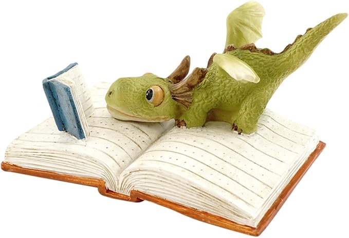 Top Collection Miniature Fairy Garden and Terrarium Mini Dragon Reading Figurine, Green White