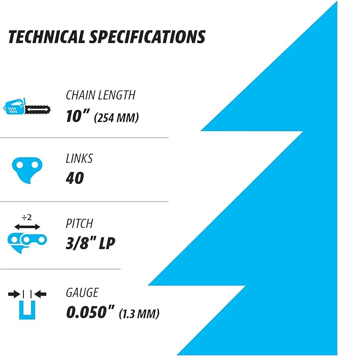 Premium 10 Inch Chainsaw Chain 3/8" LP Pitch, 050" Gauge, 40 Drive Links, German Steel, fits MAKITA, ECHO, Remington RM1035P, Worx WG309, Sun Joe SWJ803E, Craftsman - and more - S40 (3 Chains)