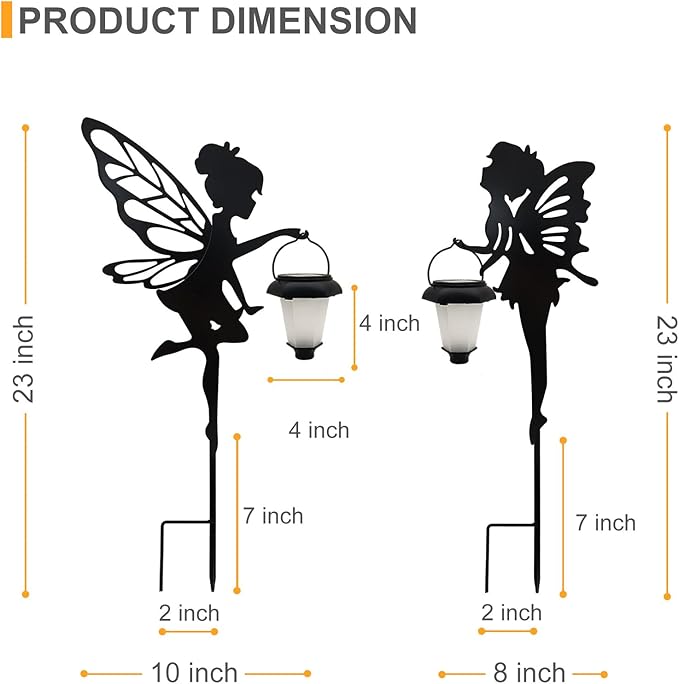 Solar Fairy Garden Stake Decorative Lantern, 2 Pack Metal Fairy Angel Garden Silhouette Lights for Lawn, Pathway, Patio, Yard Outdoor Decor
