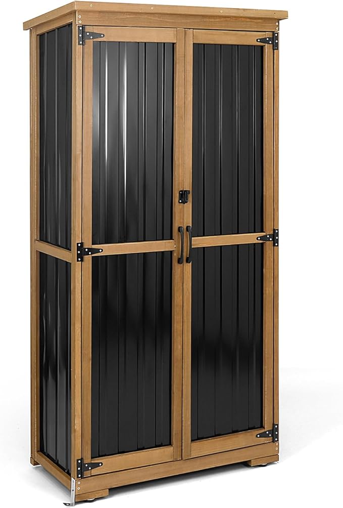 Outdoor Storage Cabinet with Shelves Outside Storage Shed Weather-Resistant with Waterproof Roof, Patio Pool Garden Garage Storage Cabinet Tool Organizer