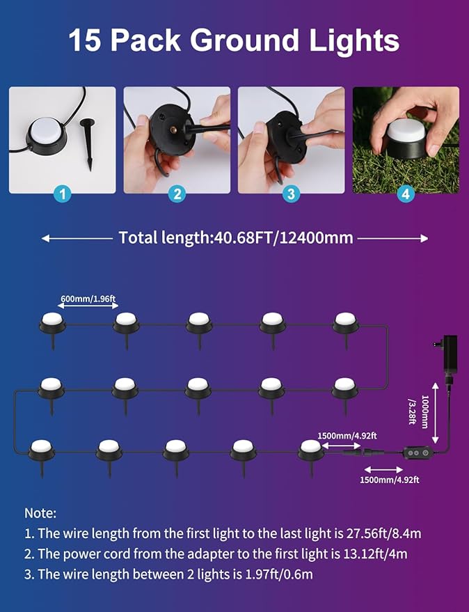 APPECK Smart Outdoor Ground Lights 15 Pack, 32FT RGBW Color Changing Pathway Lights Wired, IP65 Waterproof Landscape Lighting, for Path Yard Lawn Patio Holiday Party Decor, with App & Alexa Control