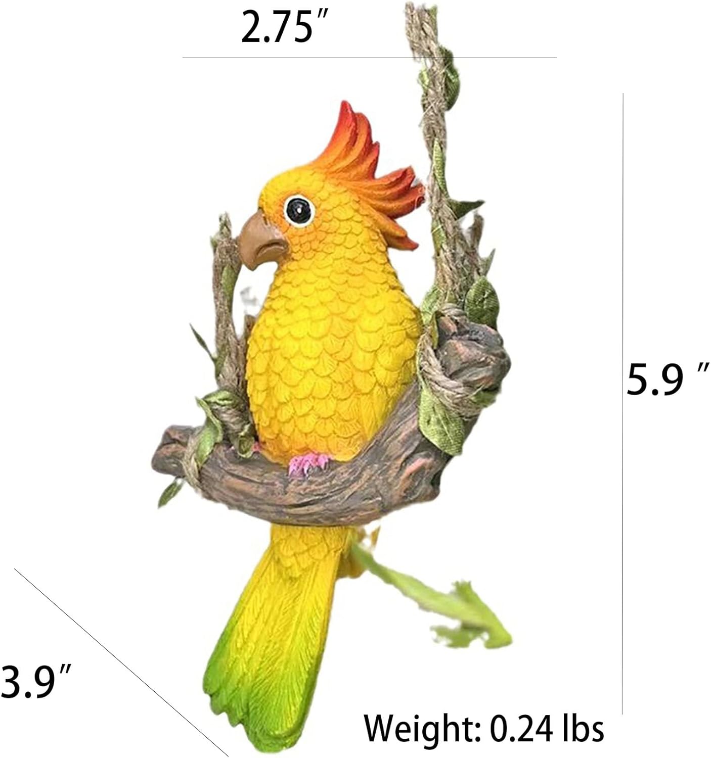 Resin Parrot Hanging Garden Decor Swing Figurine Ornaments, Outdoor Hanging Bird Sculpture Decor Perfect for Patio, Lawn, Gardens, Balconies, Indoor and Outdoor Spaces Yellow & Green Tail