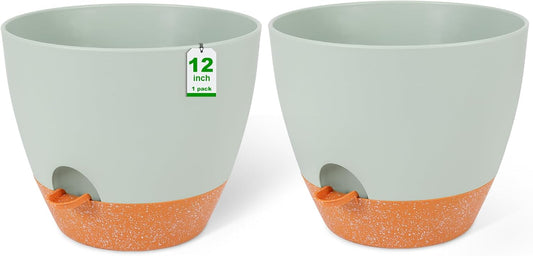 GARDIFE 12 inch planters, Plant Pots,Self Watering Pots, 2 Pack Large Plastic Flower pots with Deep Reservior and High Drainage Holes for Indoor Outdoor Plants and Flowers, Green