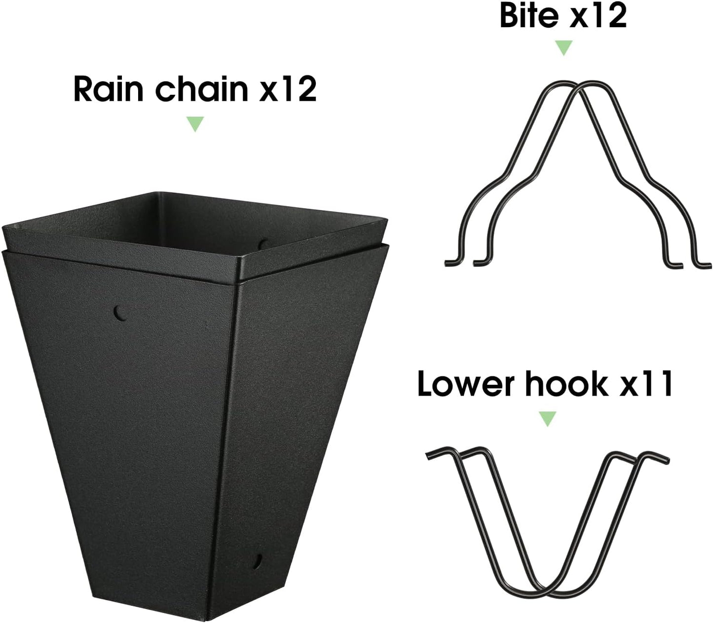 TE DEUM Square Link Rain Chain, 8.5 Feet Length, 3.7inch Big Size Cup, Black Powder Coated, Functional and Decorative Replacement for Gutter Downspouts, V Gutter Clip Included, Black