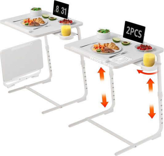 TV Trays Set of 2 - Folding TV Tray Adjustable Dinner Trays for Eating On Couch Wooden Tables Mate Stand Foldable White Desk with Cup Holder Portable