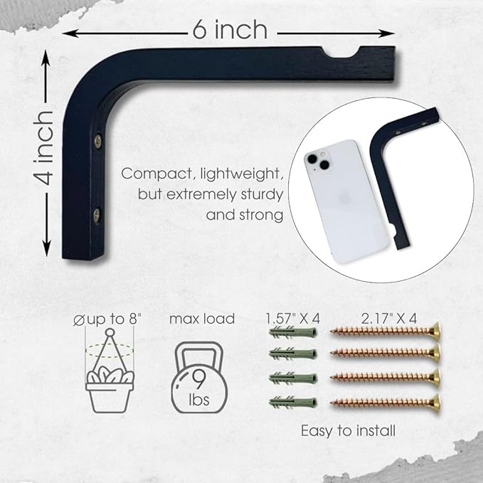 2-Piece Set of Plant Hooks for Wall 6 inch - Mounted Wooden Plant Hook - Indoor and Outdoor Bracket Plant Hanger for Planters, Lanterns, Bird Feeders, Patio Decorations (Black)