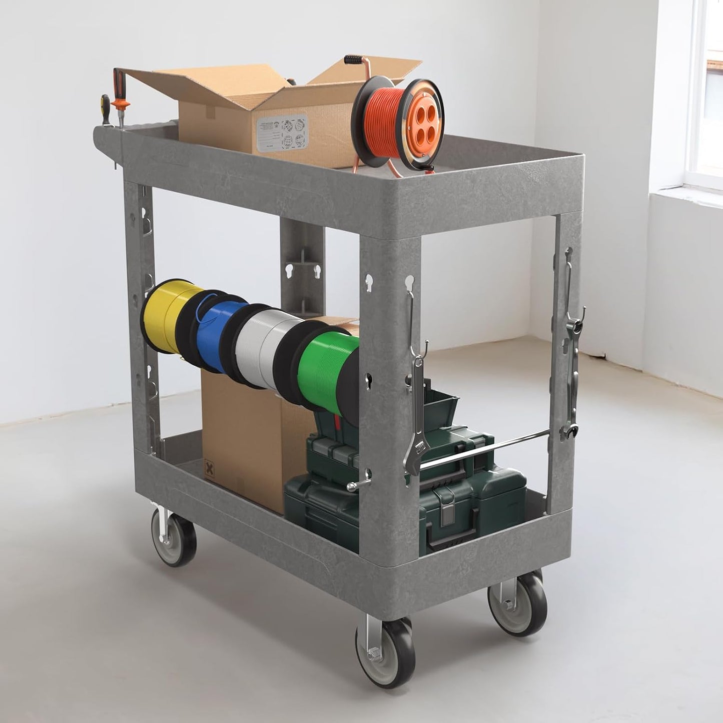 Heavy Duty Rolling Utility Cart with Wheels 2-Tier Utility Plastic Service Work Cart for Shop, Garage, Warehouse, Maintenance 550 lbs