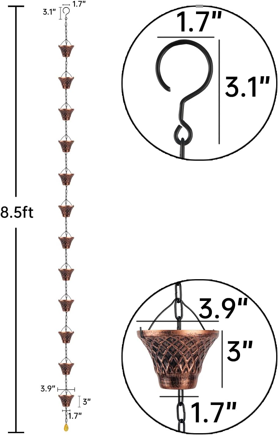 Rain Chains for Gutters Outside 8.5FT Copper Rain Catcher Chain with 12 Cups Decorative Replacement for Downspout
