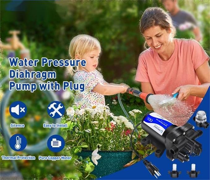 Water Pressure Booster Pump 110v Diapphragm Pump Inline Water Pump 75psi 5.5 GPM Self Priming RV Water Pump for Kitchen, Bathroom, RV, Marine Yacht, Caravan, Garden