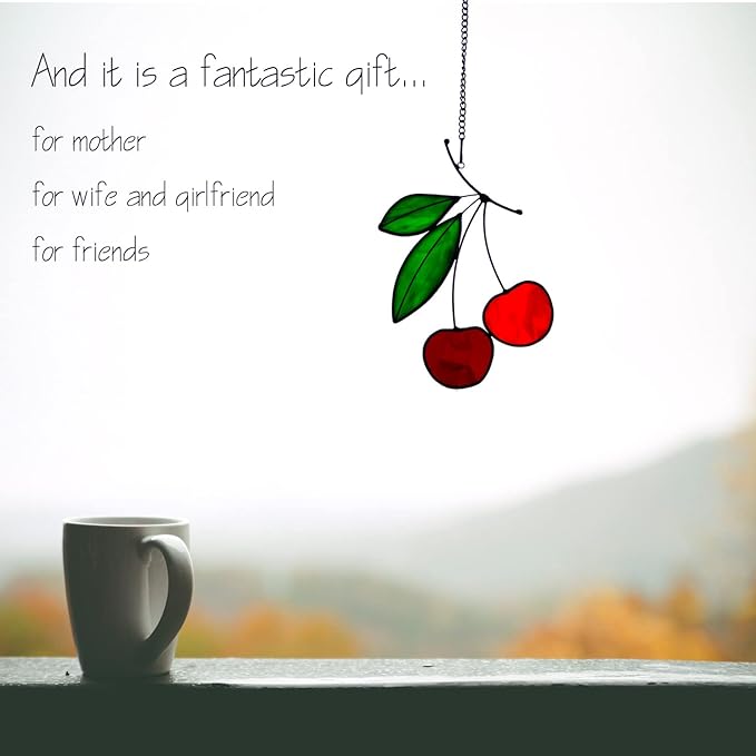 Stained Glass red Cherry Window Hanging Sun Catcher Christmas Thanksgiving Gifts Birthday Gifts for Lover and Friends