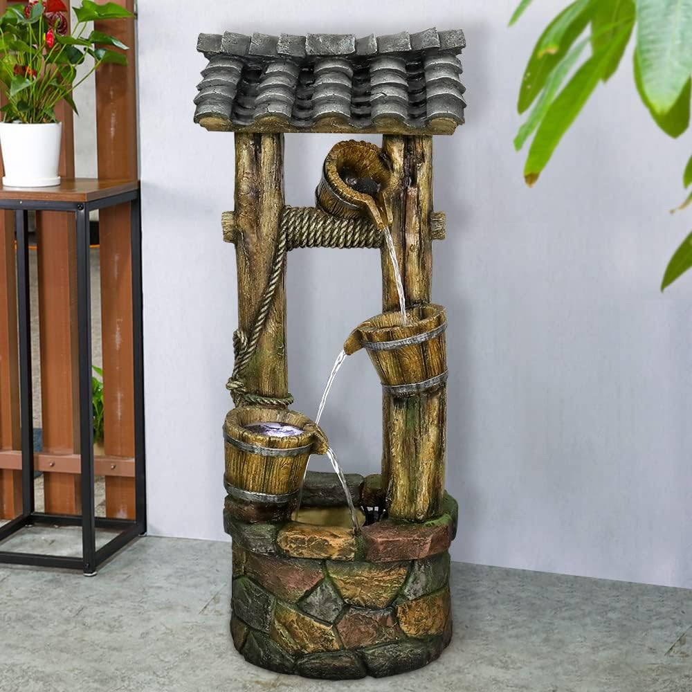 Wishing Well Water Fountain, 39.3inches Rustic Outdoor Water Fountains - Outdoor Cascading Waterfall with Buckets, Pump & Lights for Backyard Patio Decor